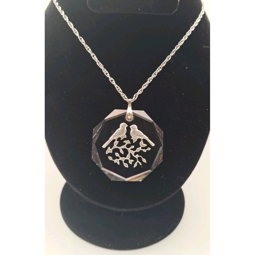 Vintage Hallmark Silver Tone Pendant Necklace, Crystal Etched Birds, 21"
